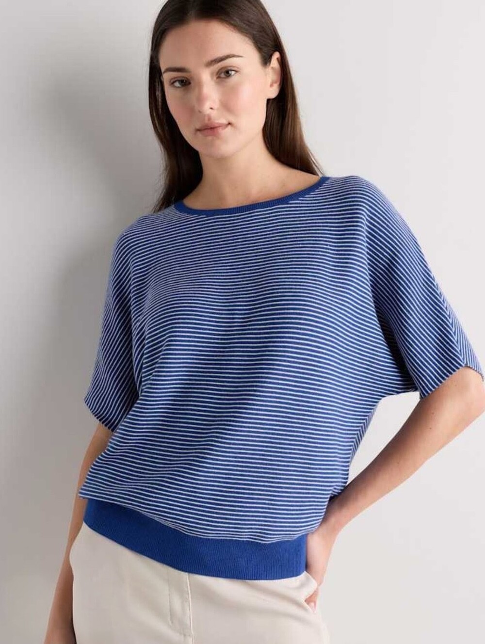 Quince Lightweight Cotton Cashmere Link-Stitch Dolman Sweater Mini Stripe XS - Picture 2 of 7